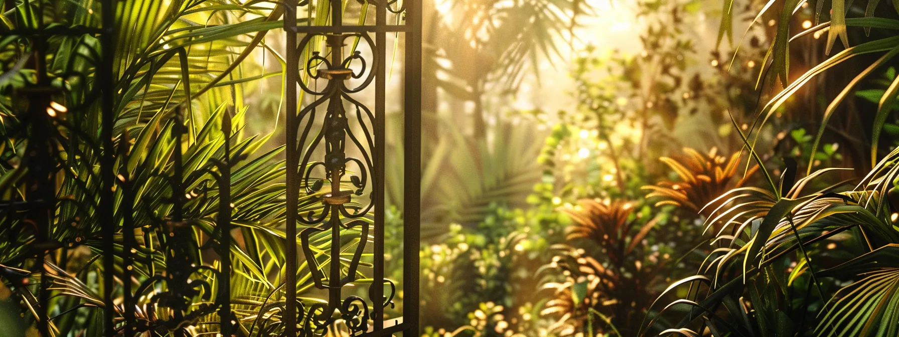 a beautifully crafted wrought iron fence glistens in the sunlight, showcasing intricate designs and textures that highlight the blend of elegance and strength, set against a serene garden backdrop.