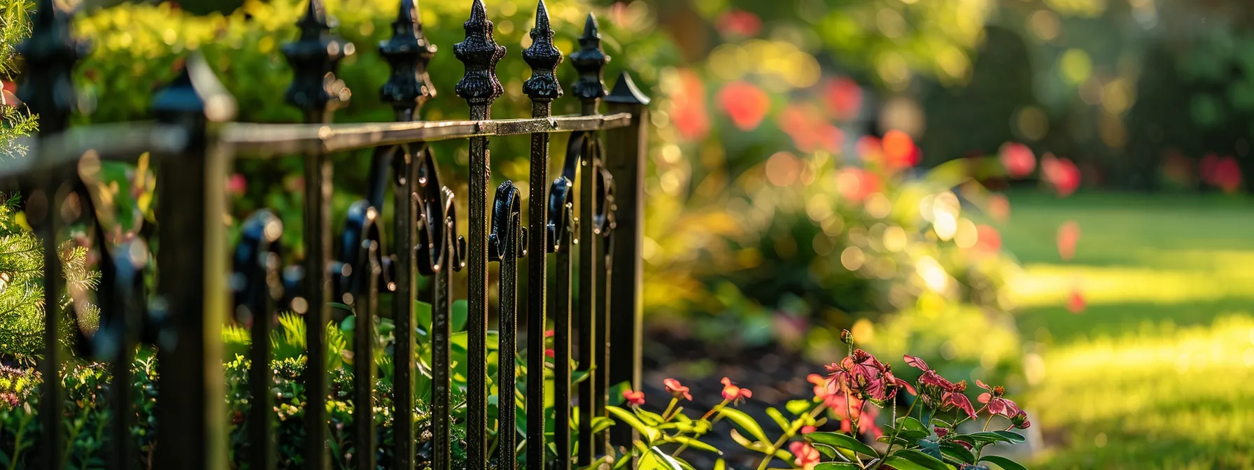 a beautifully crafted wrought iron fence stands proudly against a vibrant garden backdrop, symbolizing the perfect blend of elegance and investment value for homeowners.