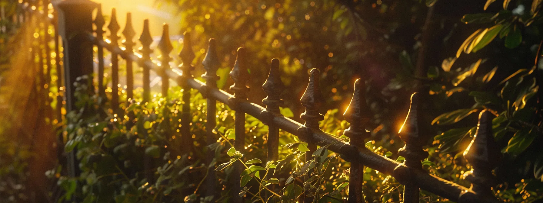 a beautifully maintained wrought iron fence glistens in the golden sunlight, showcasing its intricate design and rich patina against a backdrop of vibrant greenery, symbolizing the importance of diligent care and maintenance.