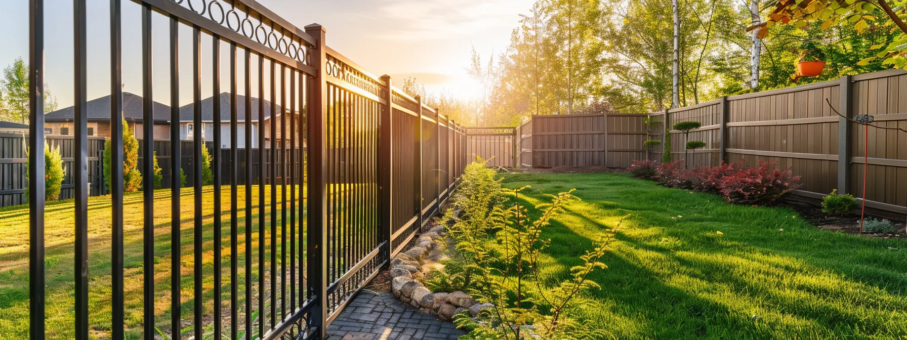 a striking visual comparison of elegant wrought iron fencing against vibrant wood, sleek vinyl, and sturdy aluminum options, set in a sunlit backyard that emphasizes durability and aesthetic appeal.