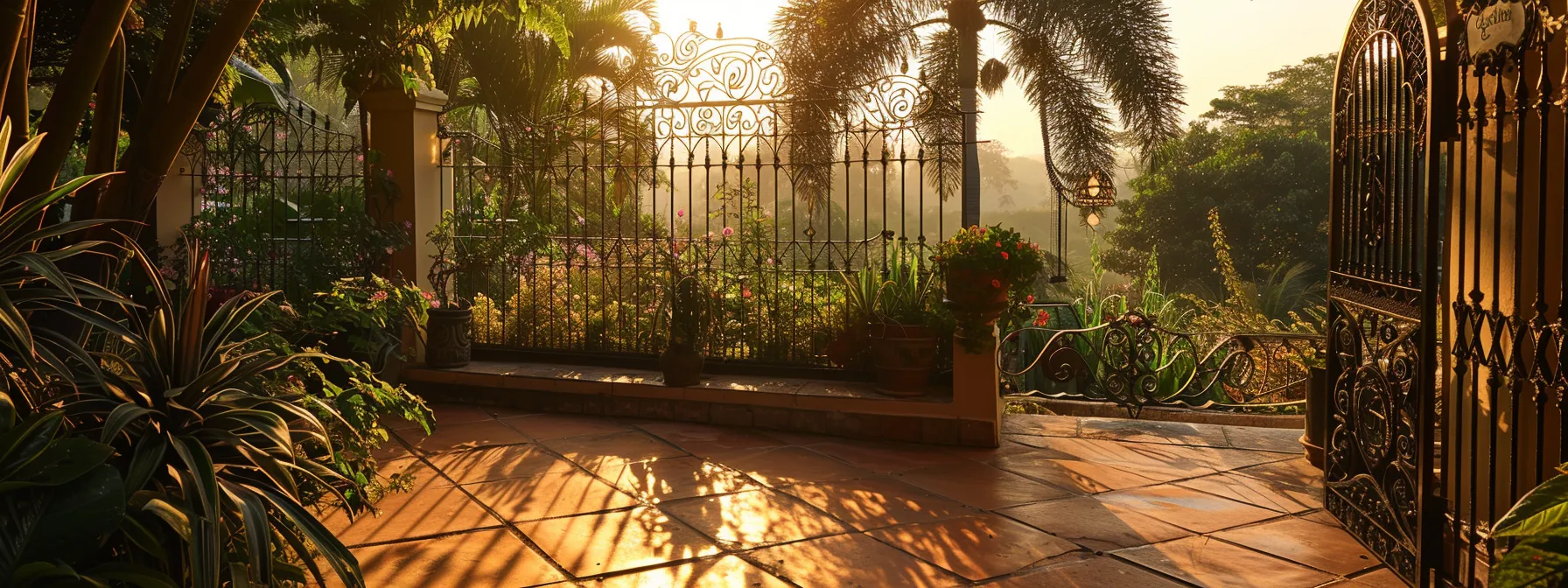 a stunning view of an elegant wrought iron fence, showcasing a blend of intricate ornamental designs and modern minimalism, set against a lush garden backdrop under soft golden hour lighting.