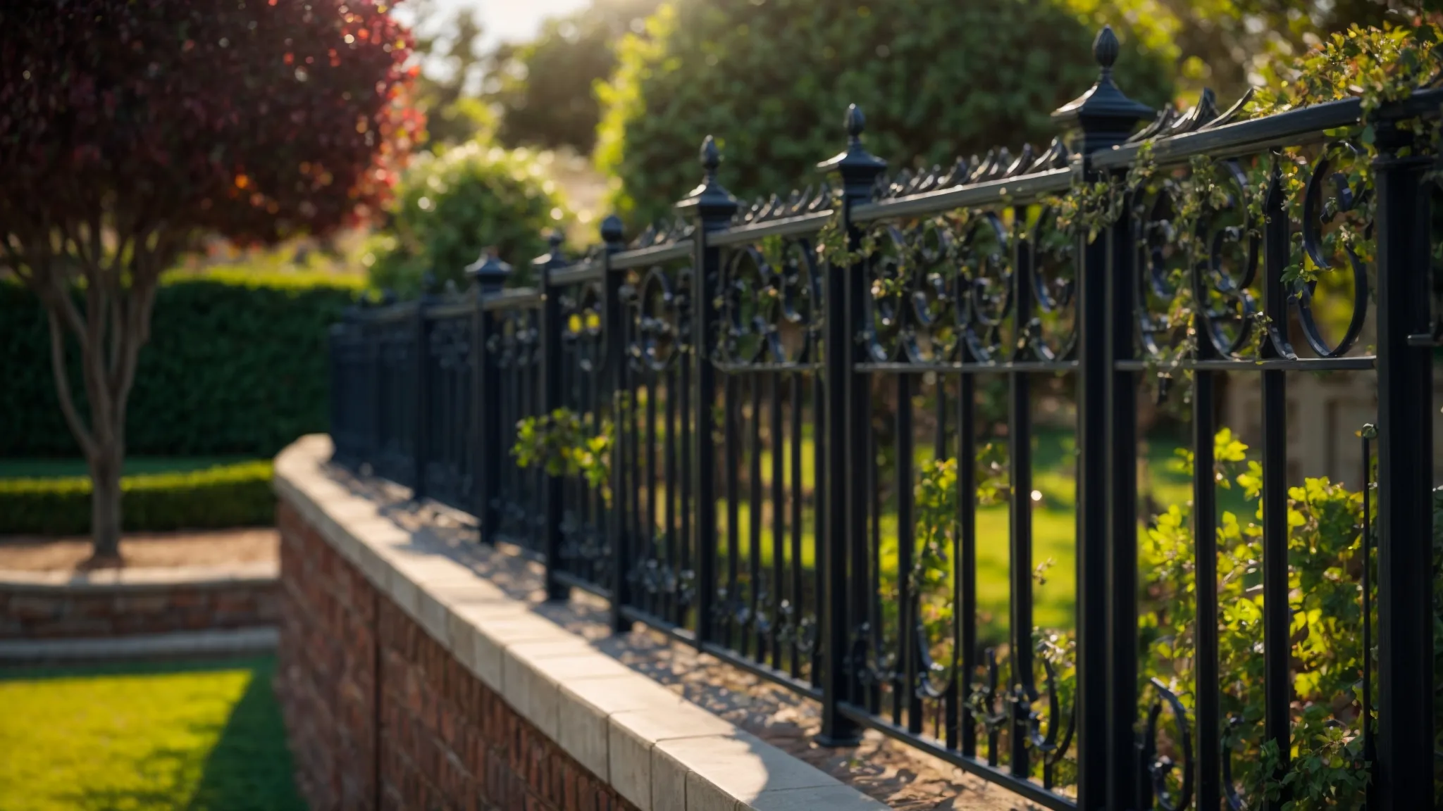 a striking, well-lit image of a beautifully installed wrought iron fence outlining a lush garden, showcasing the elegance and craftsmanship of the material against a clear blue sky.